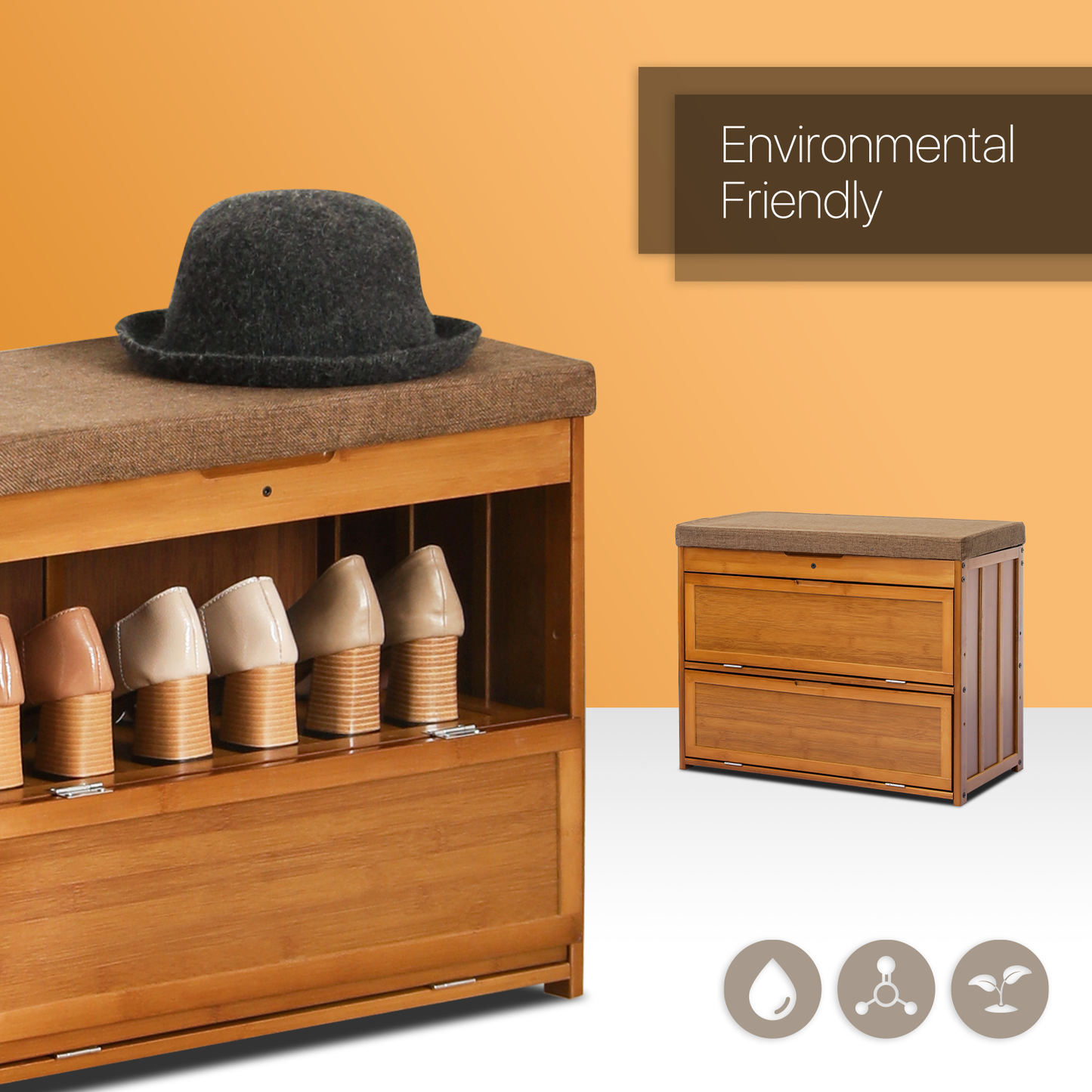 Shoe Rack Organizer Cabinet - Changing Bench - with Upholstered Flip-Open Storage & Drop Down Door - 2 Tier - Brown
