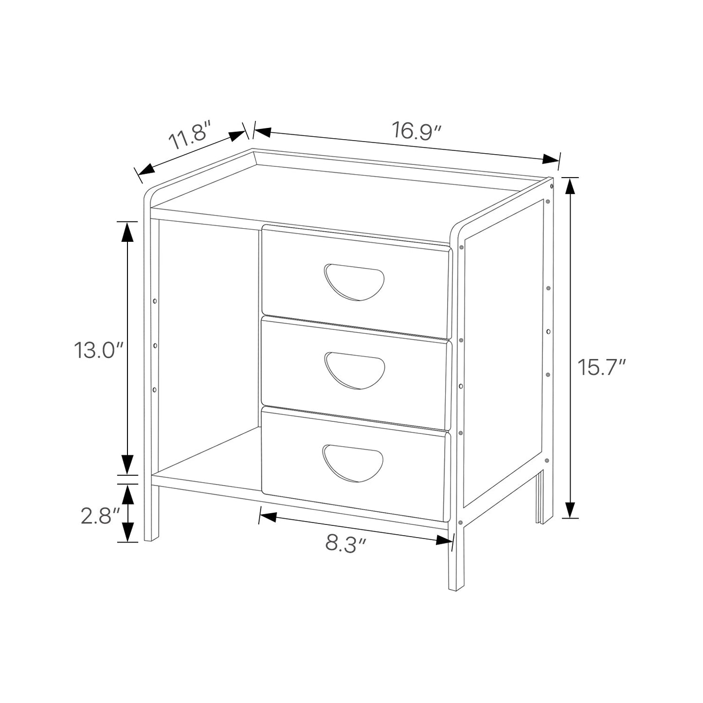 Bedside Cabinet Storage Shelf Nightstand - with Magazine Compartment - Triple Drawer