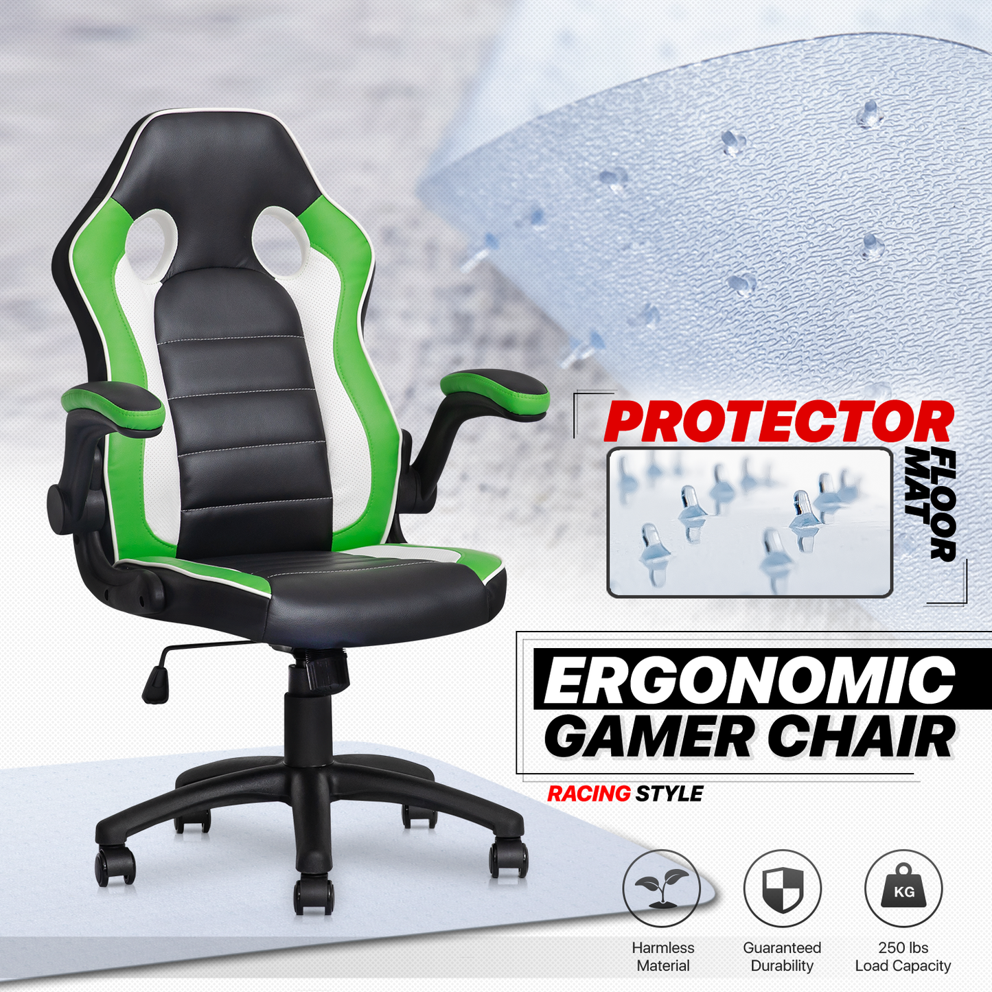 Two-Tone Racing Game Chair - 29" x 47" Studded Mat Set