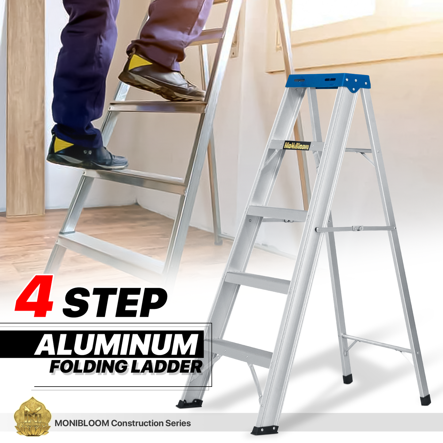 A-Frame Folding Ladder w/Tool Tray - 4 Steps 4.05 ft/48.6", Blue/Silver