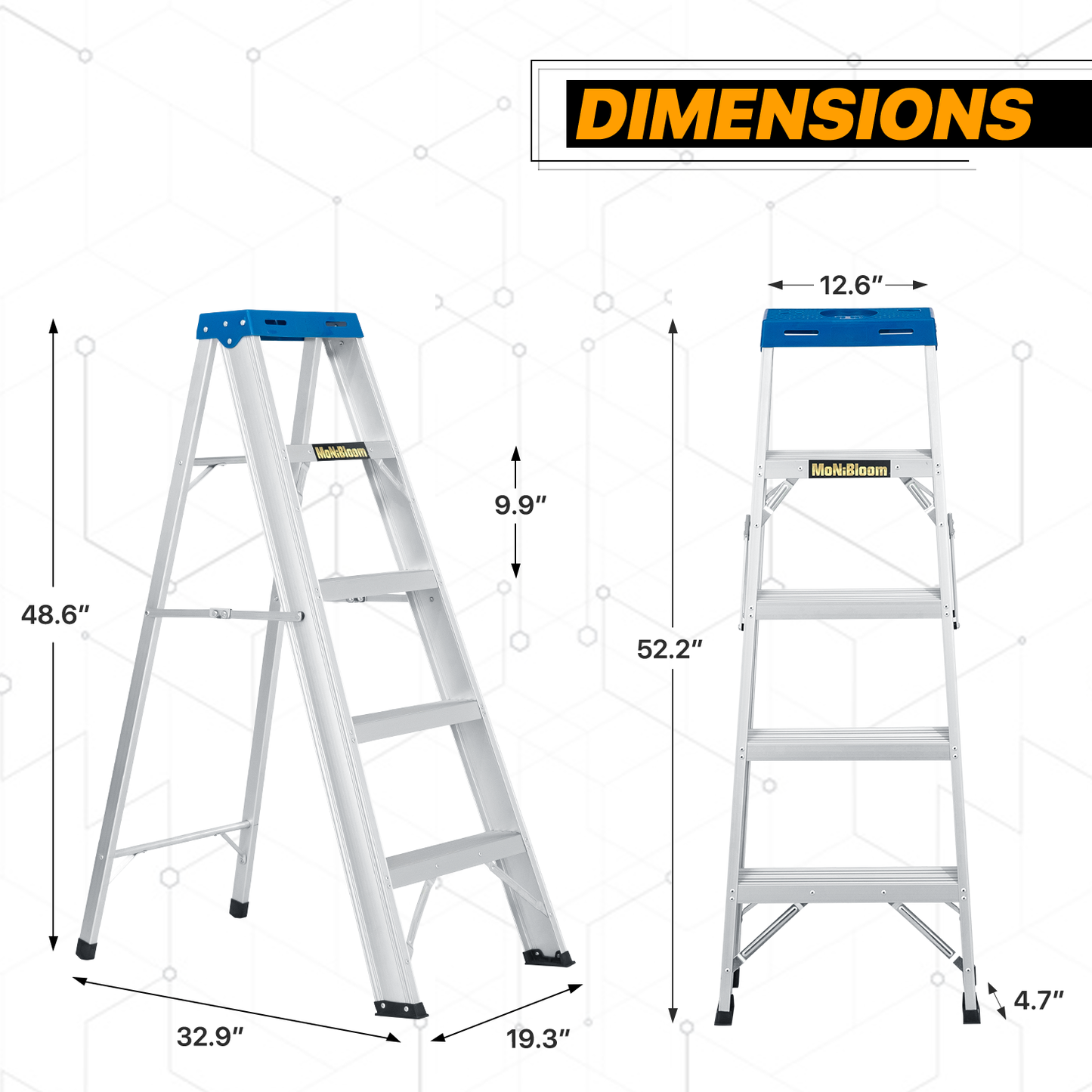 A-Frame Folding Ladder w/Tool Tray - 4 Steps 4.05 ft/48.6", Blue/Silver