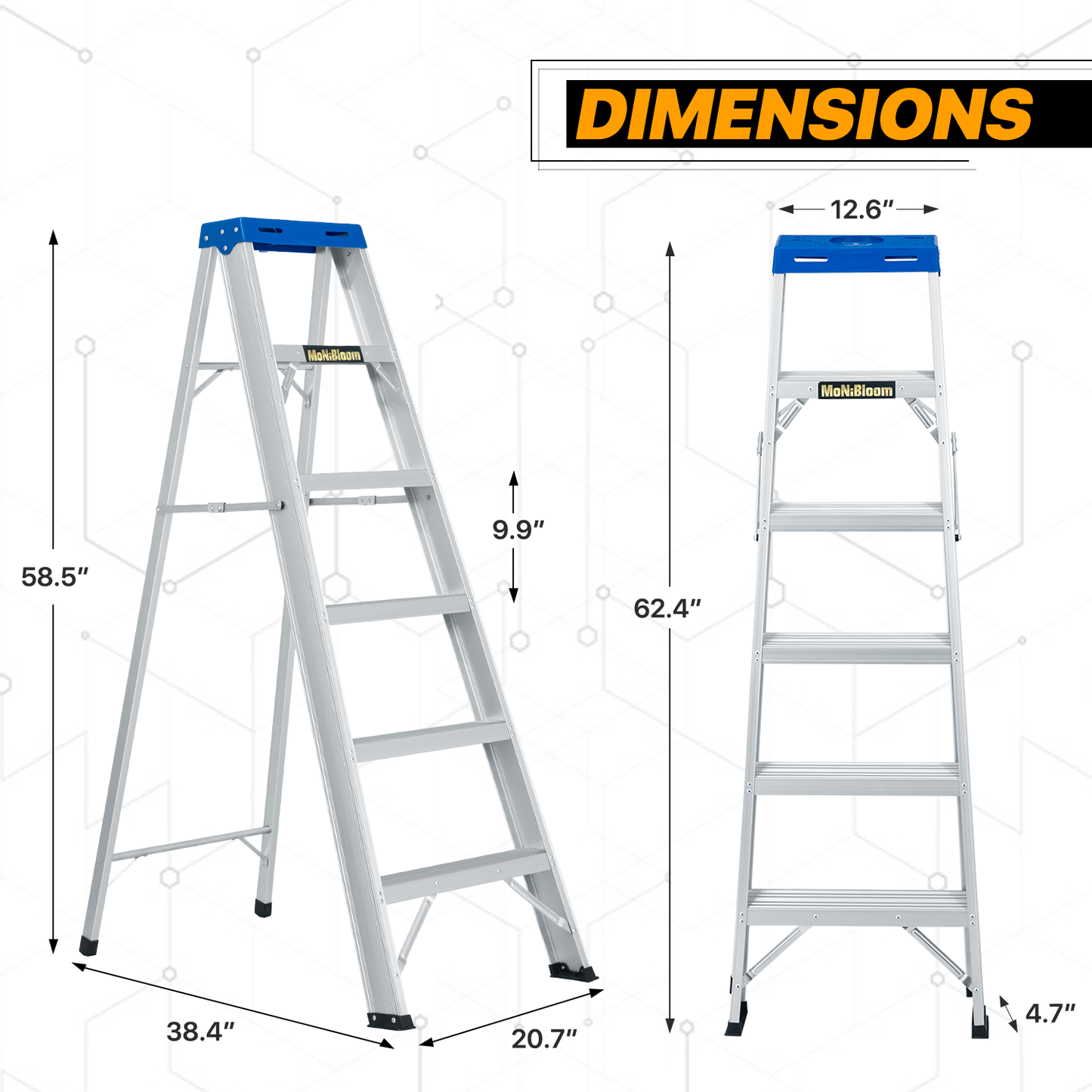 A-Frame Folding Ladder w/Tool Tray - 5 Steps 4.88 ft/58.5", Blue/Silver