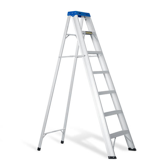 A-Frame Folding Ladder w/Tool Tray - 6 Steps 5.66 ft/67.9", Blue/Silver