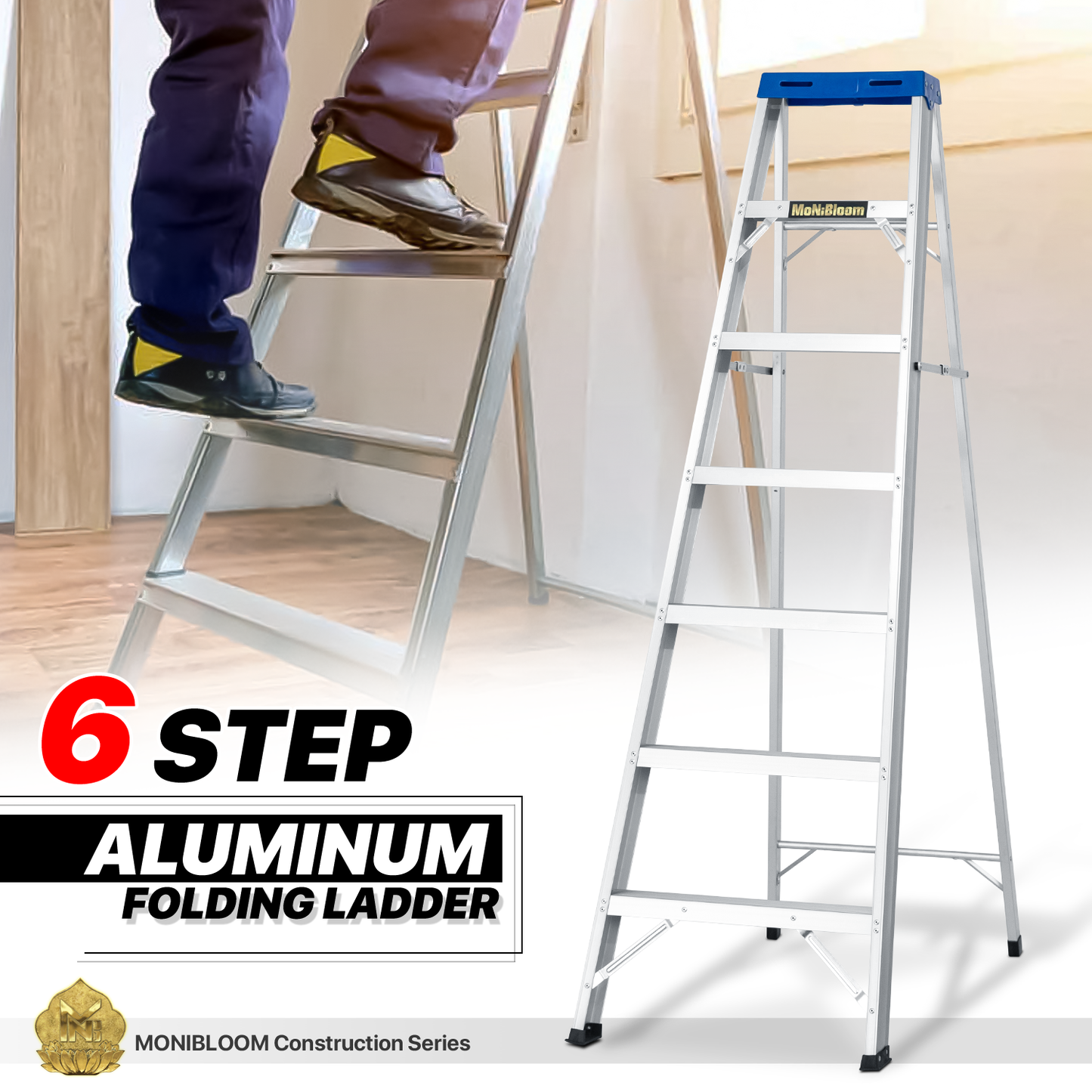A-Frame Folding Ladder w/Tool Tray - 6 Steps 5.66 ft/67.9", Blue/Silver