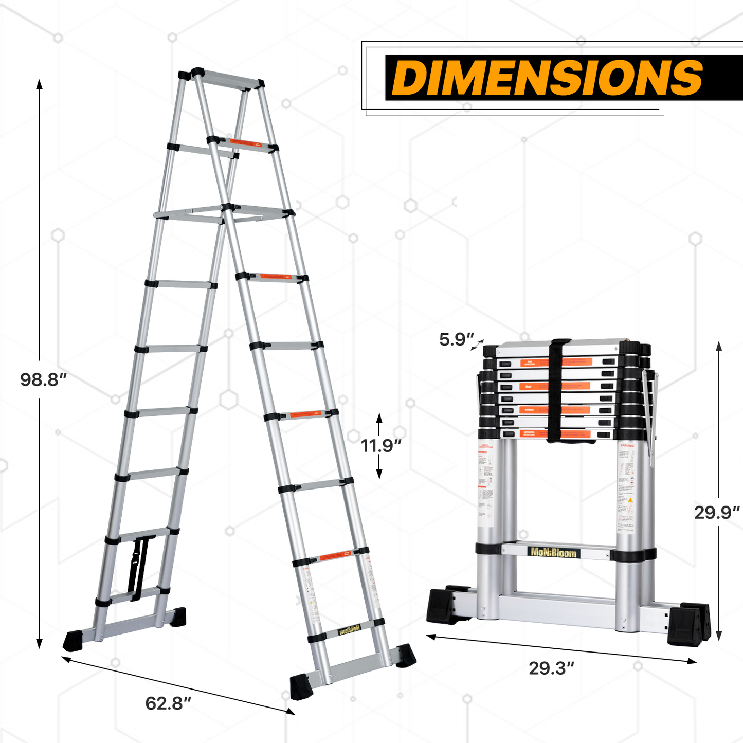 A-Frame Telescoping Ladder w/Stabilizer Bar - 9 Steps 8.23 ft/98.8", Black/Siiver