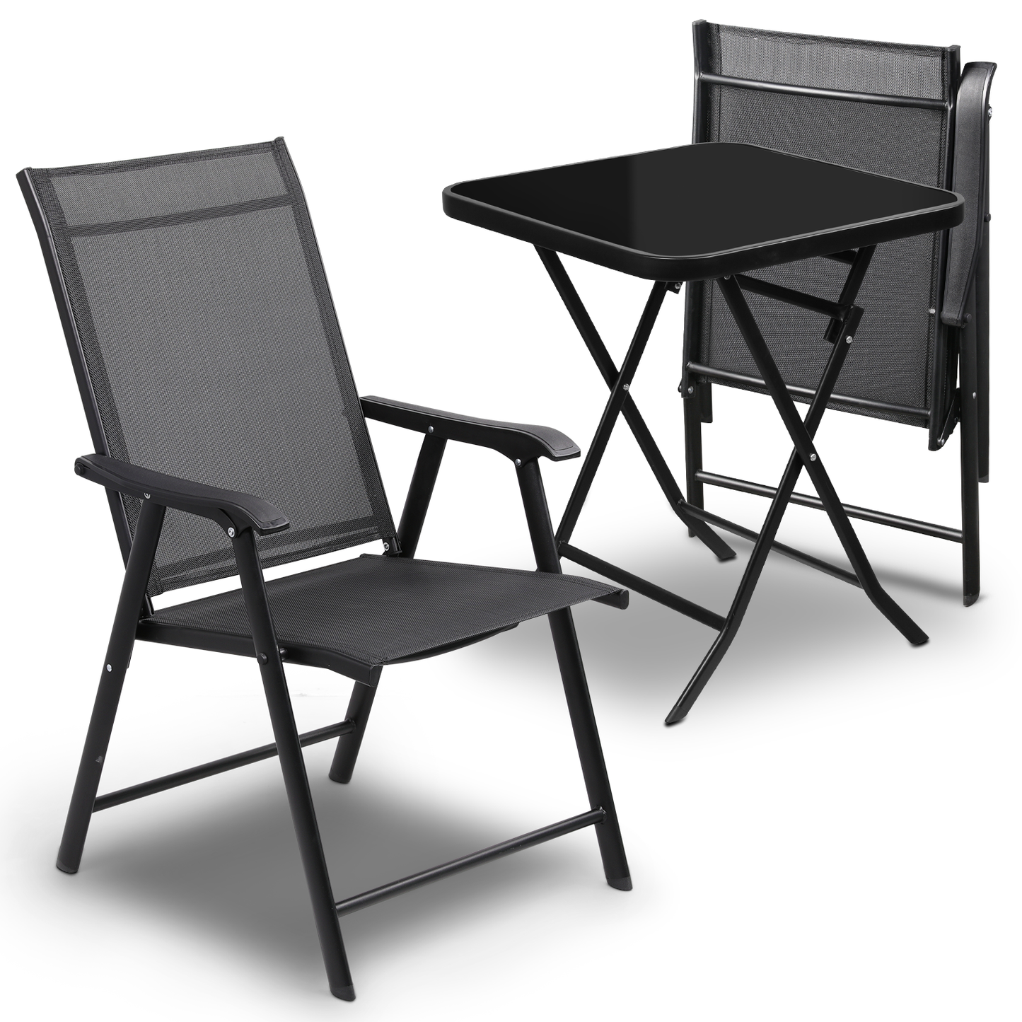 Patio Bistro Set, Tempered Glass Table & 2 Sling Chairs