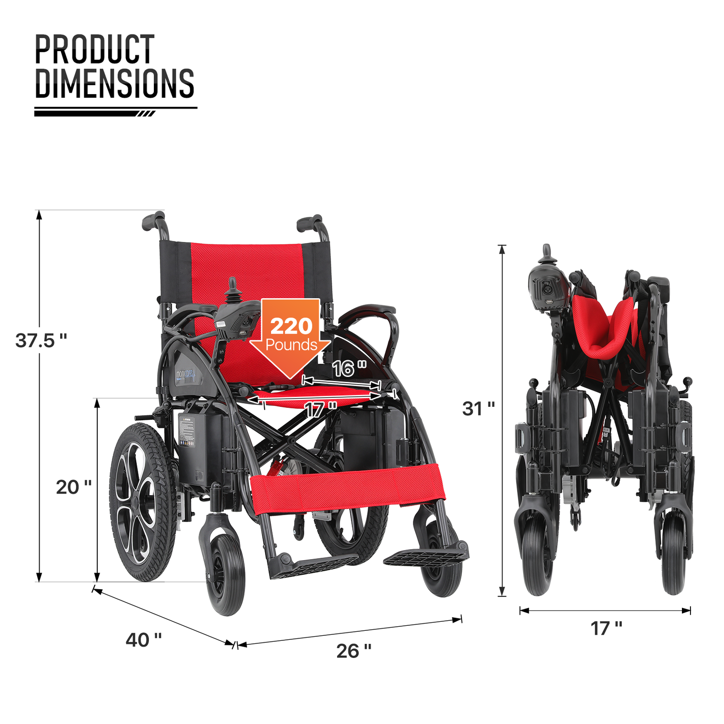 Foldable Electric Wheelchair - 12 Miles of Battery Life - Steel Frame Oxford Seat