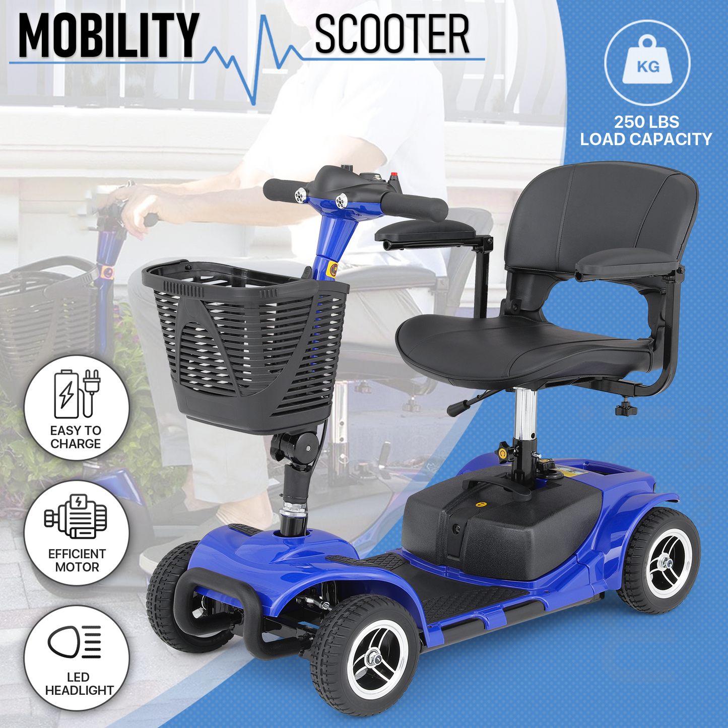 4-Wheels Mobility Scooter - 12 Miles of Battery Life - Adjustable Seat - Up to 3.8mph