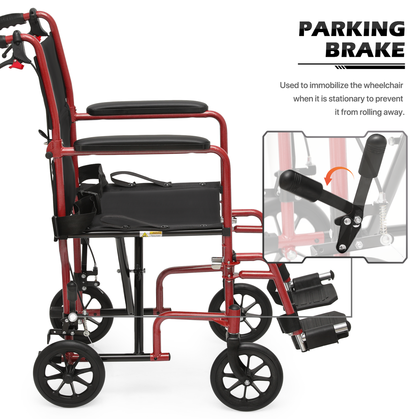 Lightweight Transport Wheelchair - FDA Approved, with Handbrakes, Red