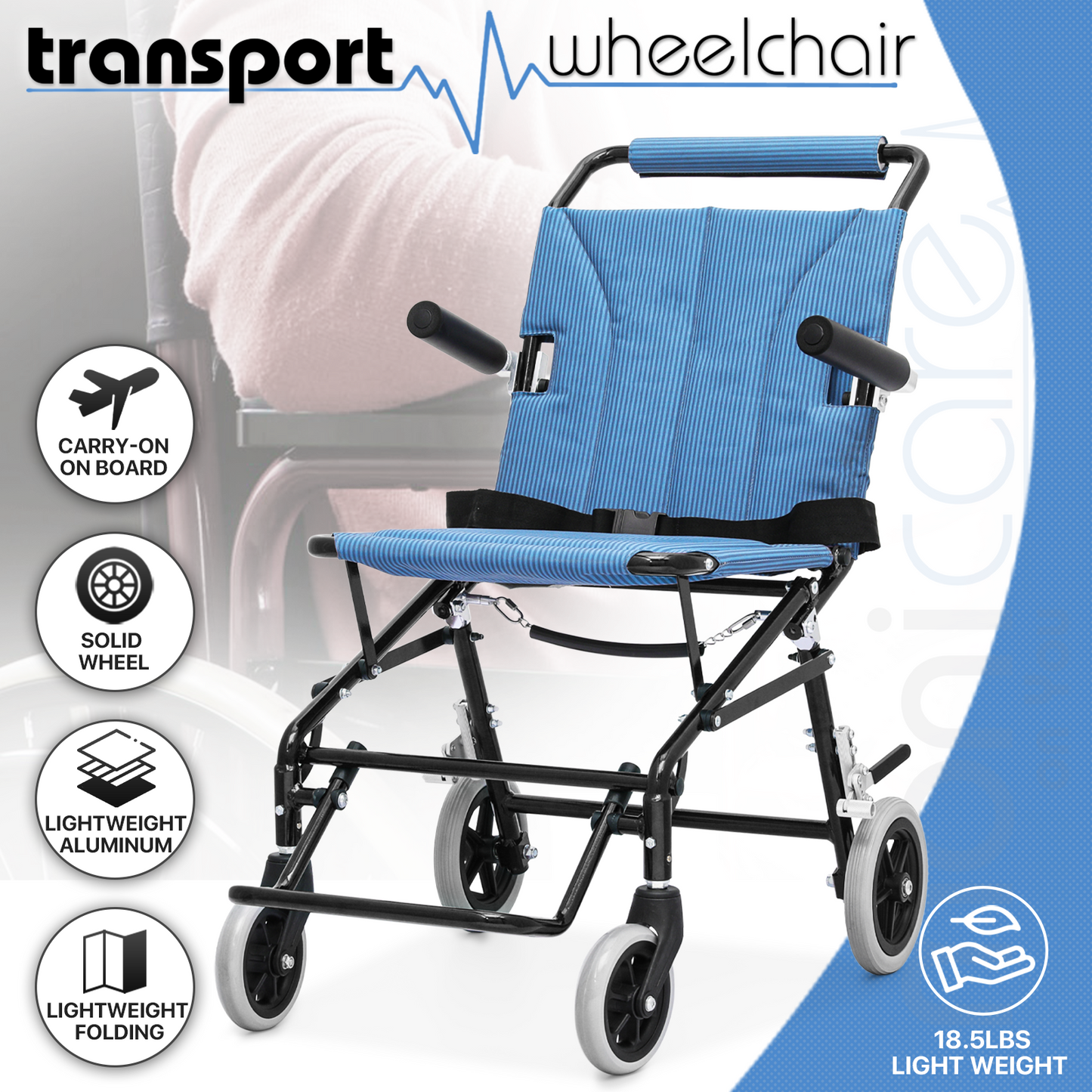 Transport Wheelchair - Black - Can Be Carry-on Plane