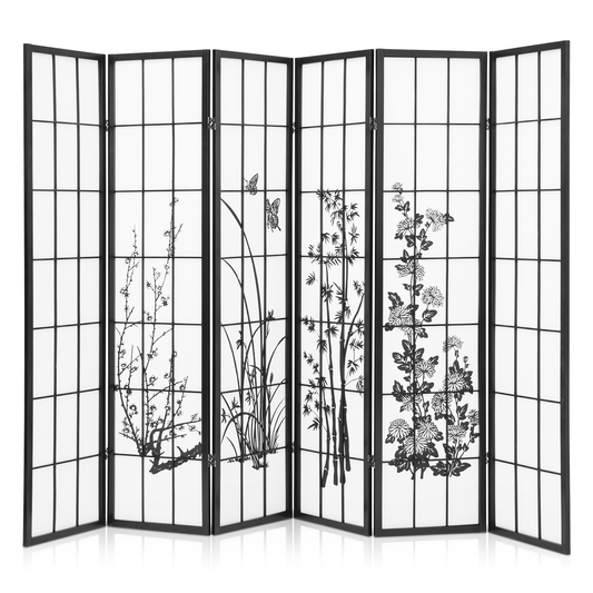 6-Panel Flower Painting Room Divider - Black