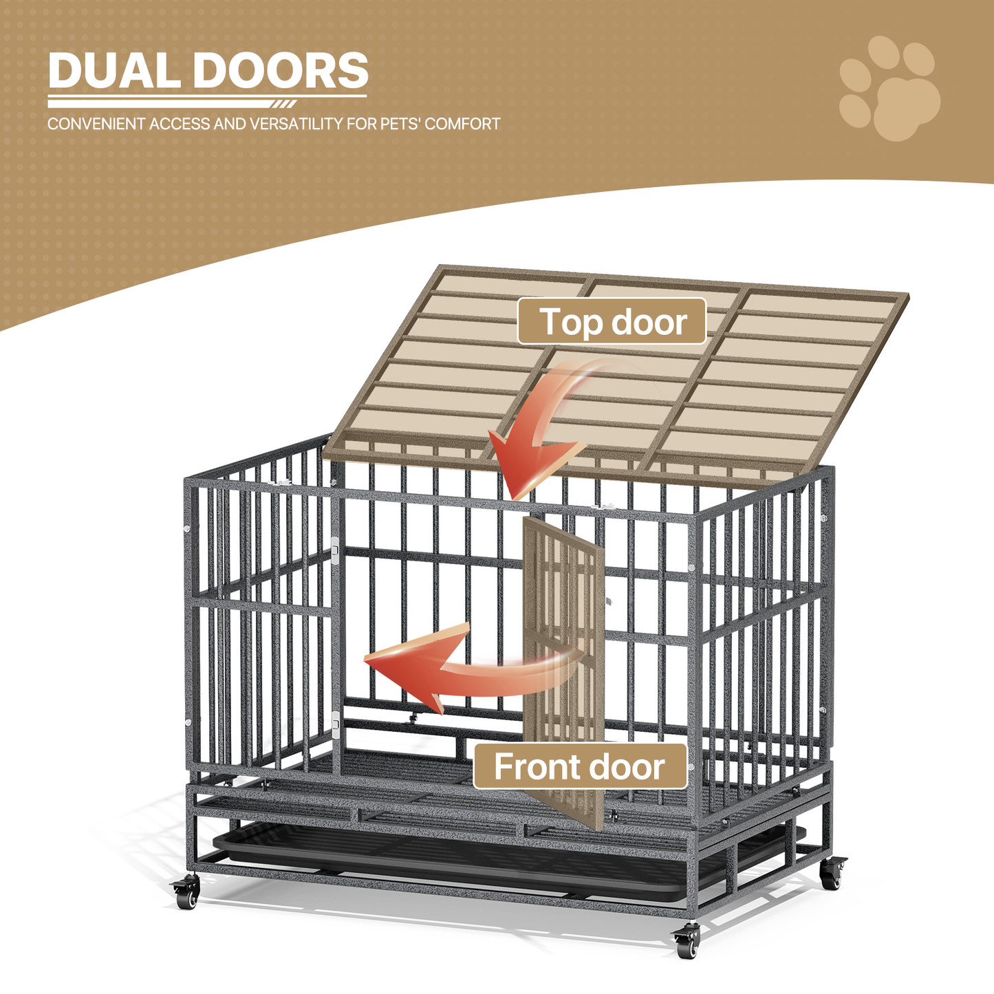 Dog Crate - Alloy Steel Frame - w/Slide-out Tray, 4 Casters - Dark Silver