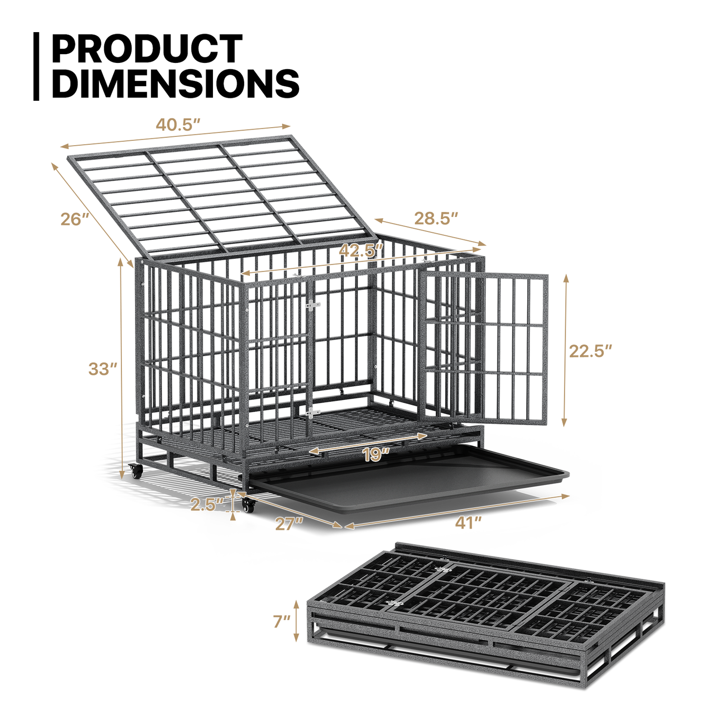 Dog Crate - Alloy Steel Frame - w/Slide-out Tray, 4 Casters - Dark Silver