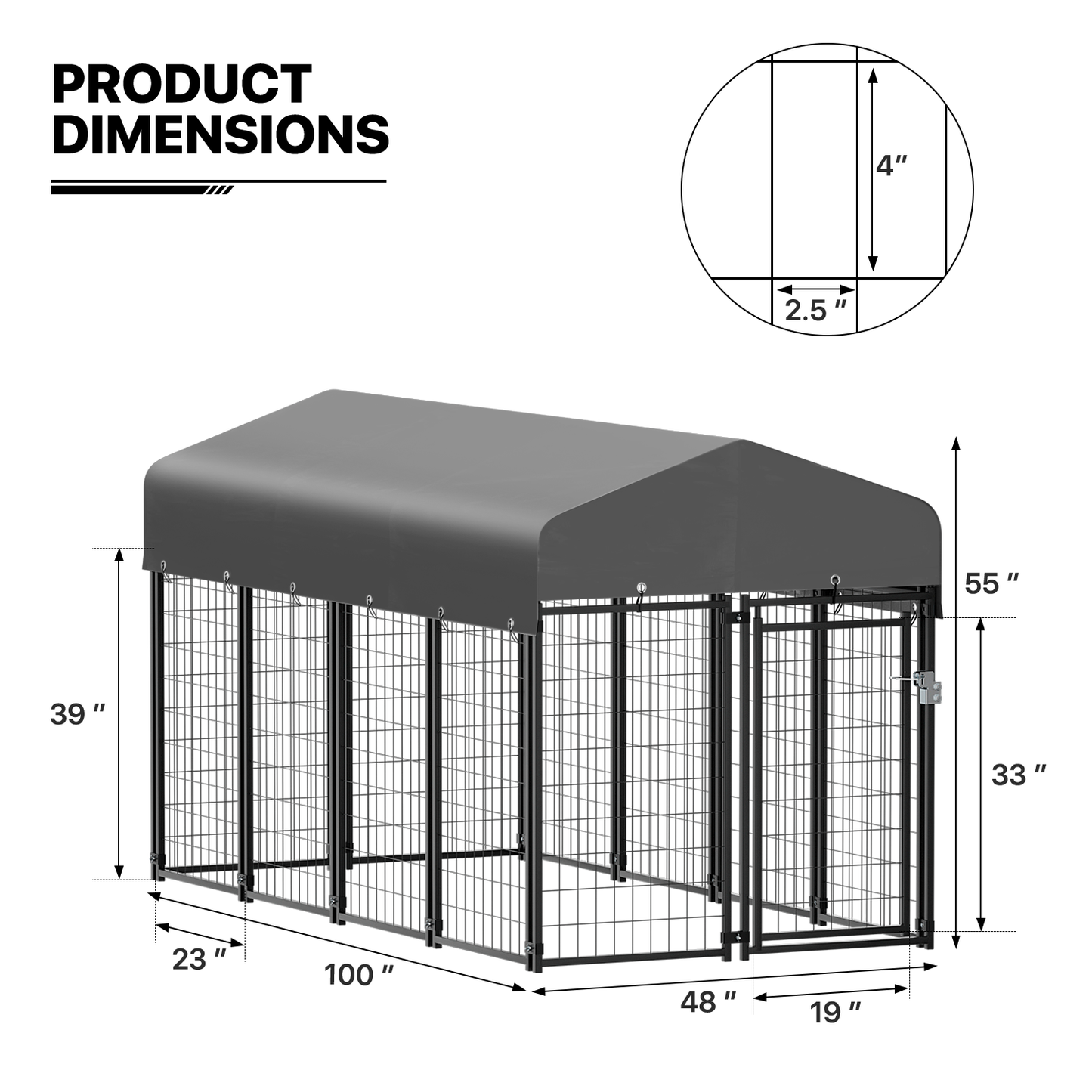 Yard Kennel - 100''Length w/ Roof Cover - Black