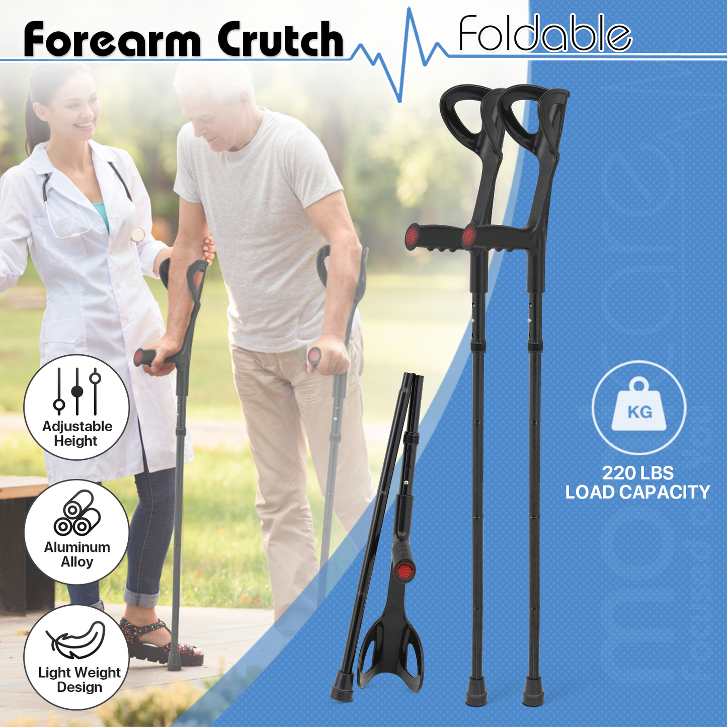 Foldable Aluminum Alloy Forearm Crutch - 40.5''-42.5'' 3 Gears Height Adjustable - Black