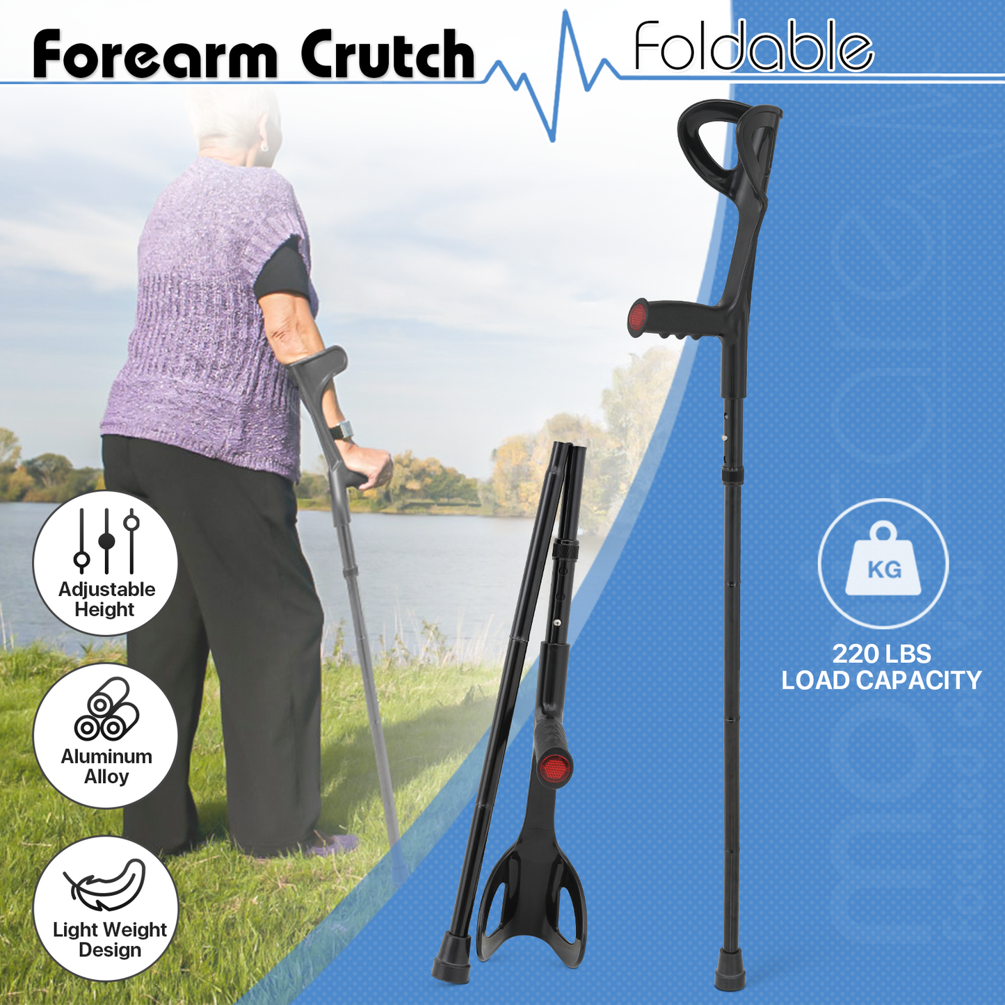 Foldable Aluminum Alloy Forearm Crutch - 40.5''-42.5'' 3 Gears Height Adjustable - Black