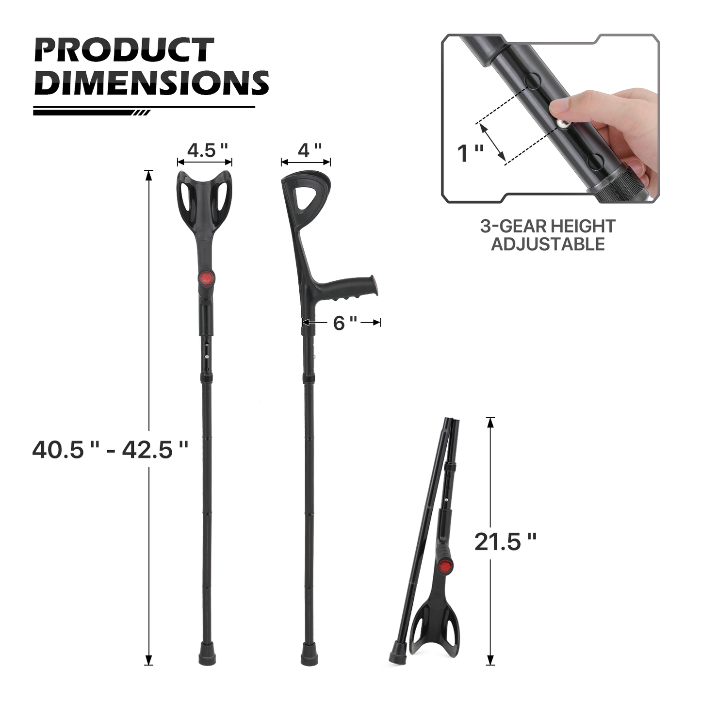 Foldable Aluminum Alloy Forearm Crutch - 40.5''-42.5'' 3 Gears Height Adjustable - Black