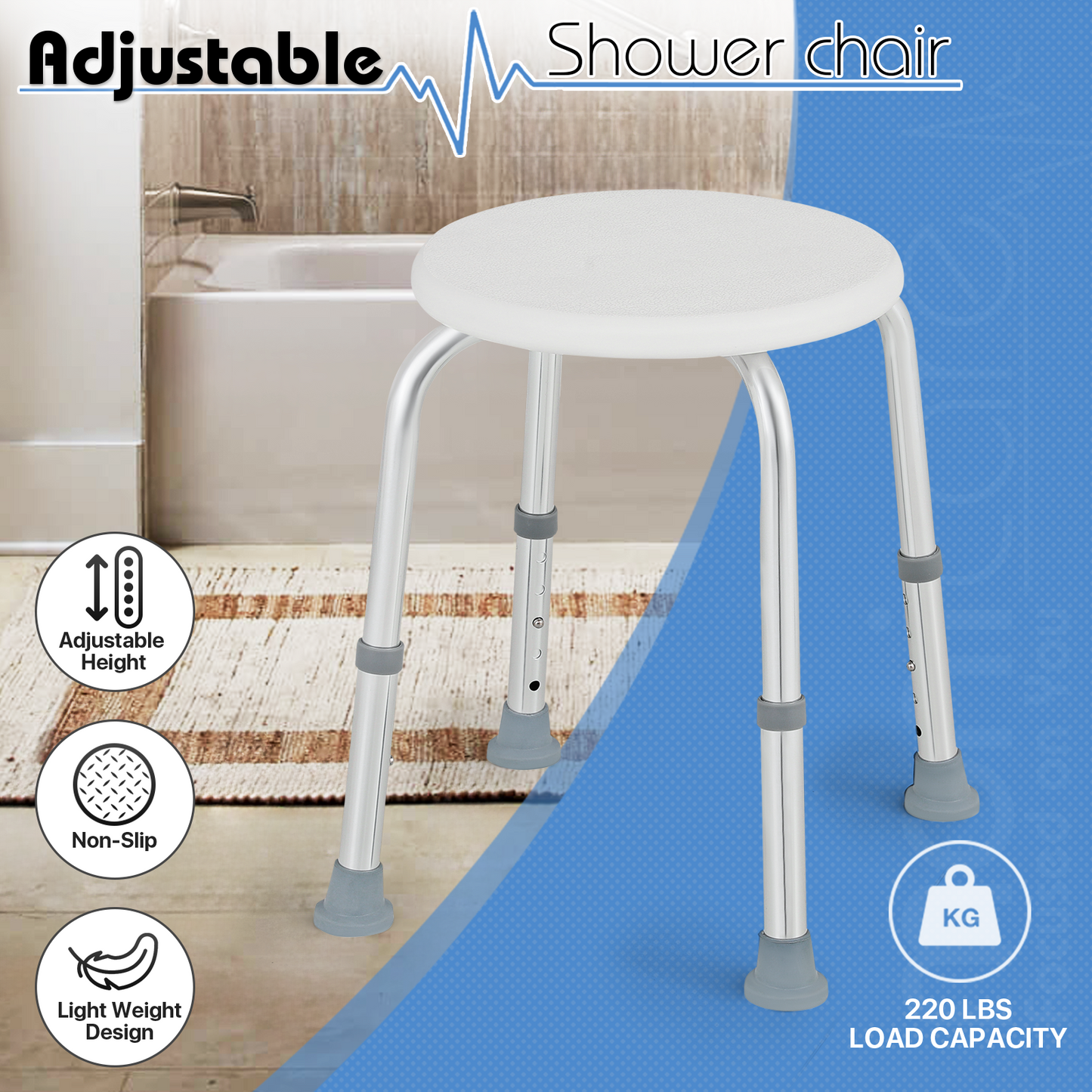 Shower Stool -  15.5''-19.5'' 5 Gears Height Adjustable - Round Seat - White/Silver