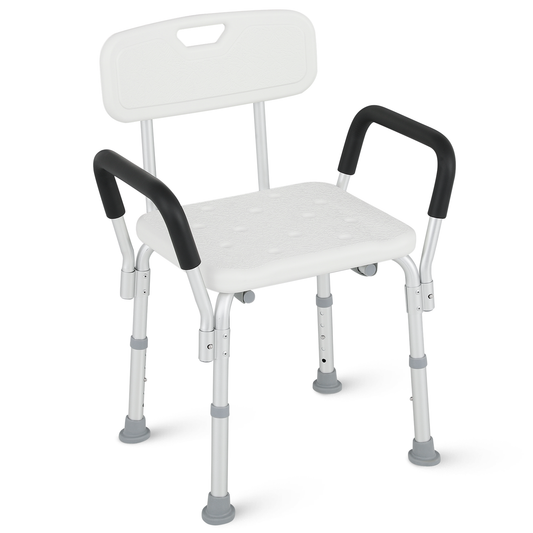Shower Chair - w/Detachable Backrest Armrest - 27''-31'' 5 Gears Height Adjustable - Rectangle Seat - White/Silver
