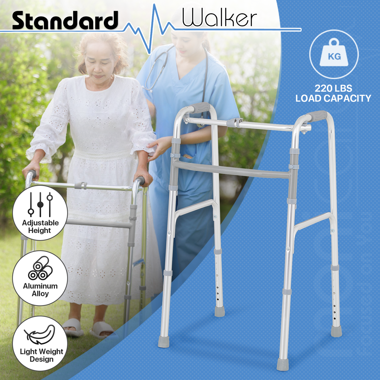 Folding Walker - 30.5''-37.5'' 7 Gears Height Adjustable - Without Wheels - Aluminum Alloy - Silver