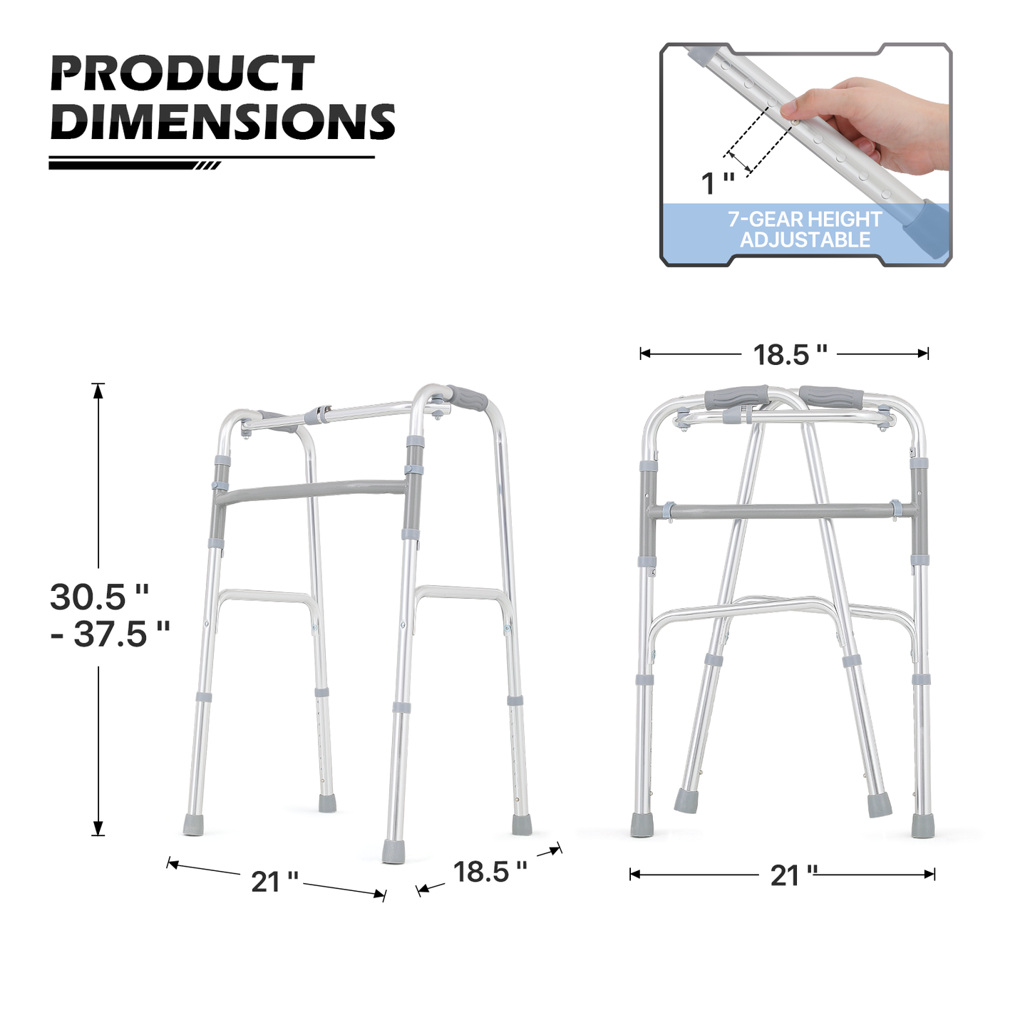 Folding Walker - 30.5''-37.5'' 7 Gears Height Adjustable - Without Wheels - Aluminum Alloy - Silver