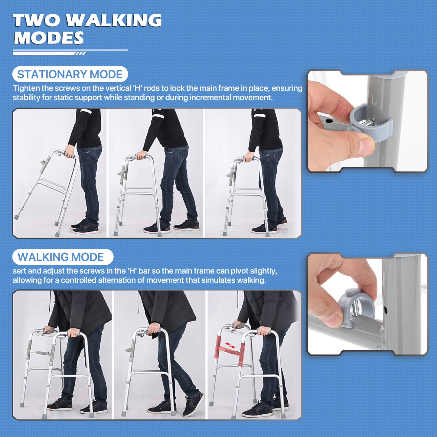 Folding Walker - 30.5''-37.5'' 7 Gears Height Adjustable - Without Wheels - Aluminum Alloy - Silver