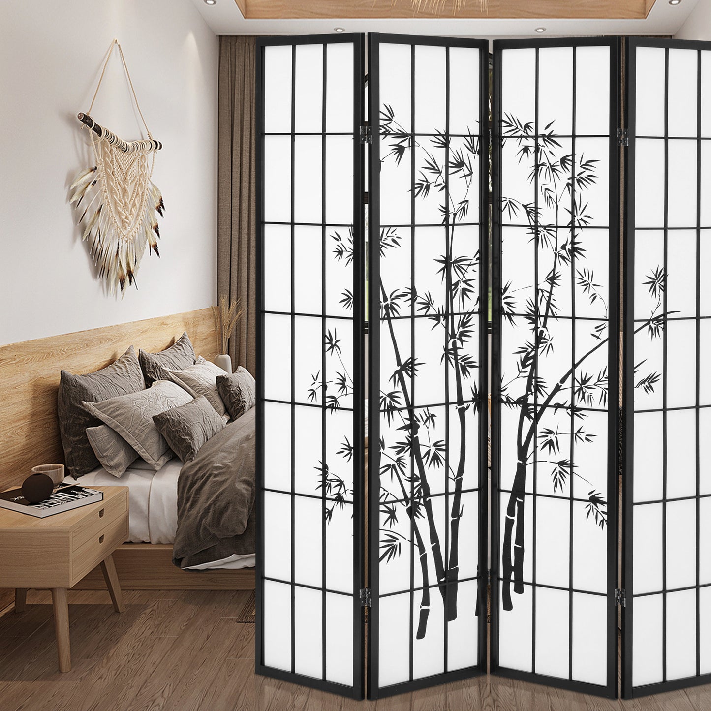 4-Panel Flower Painting Room Divider - Black