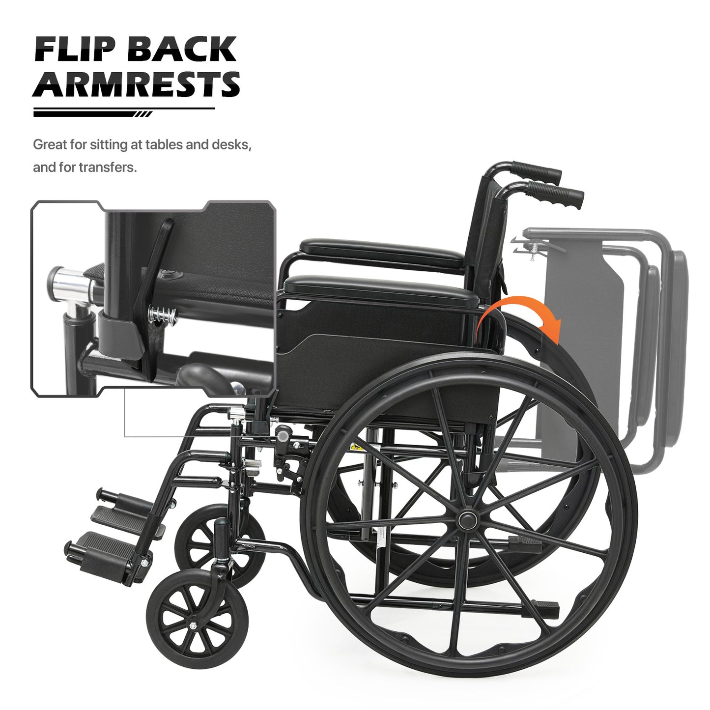 Manual Wheelchair -  Black, FDA Approved - 18"x16" Seat