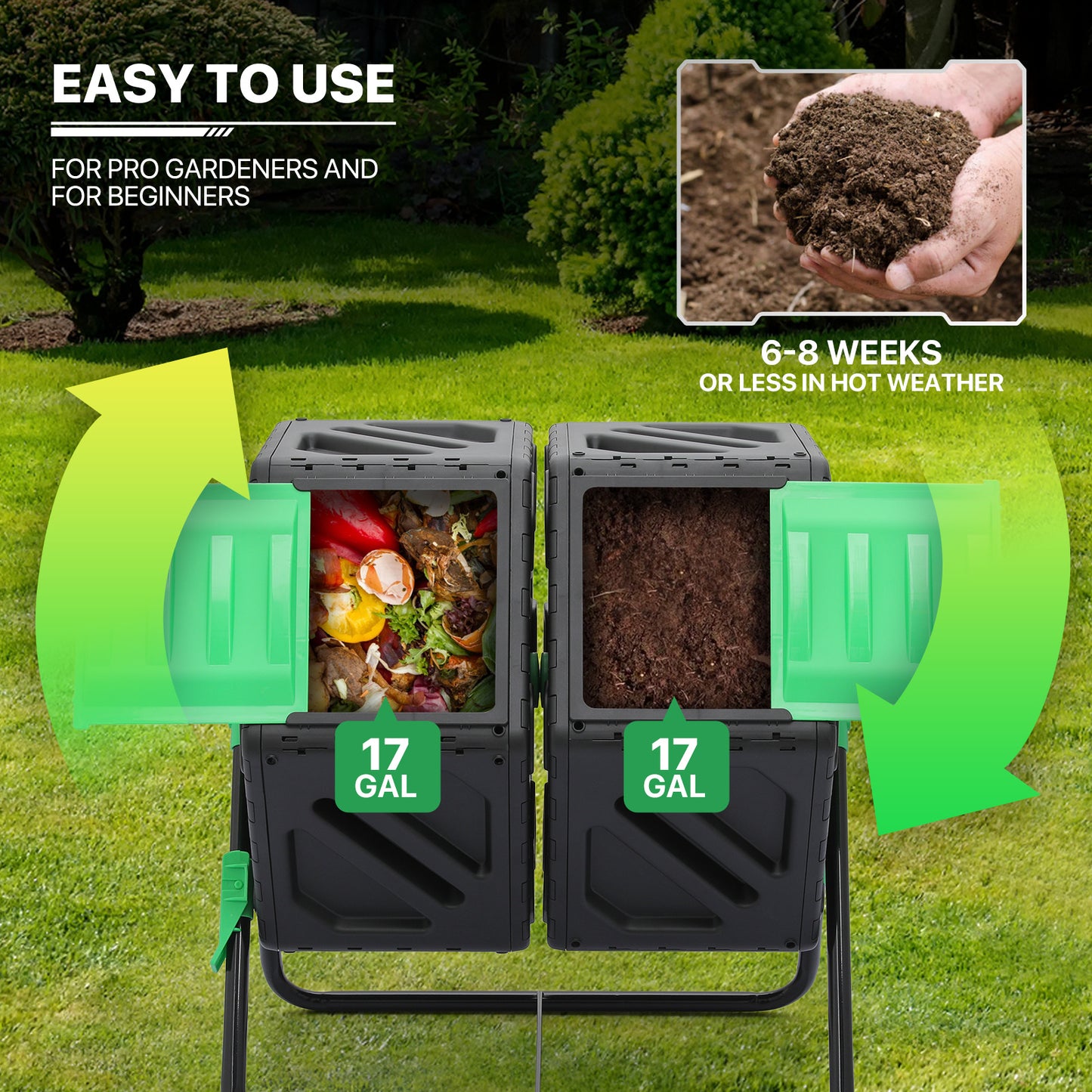34 Gallon Dual Chamber Compost Bin - 2 Sliding Doors - with Gloves