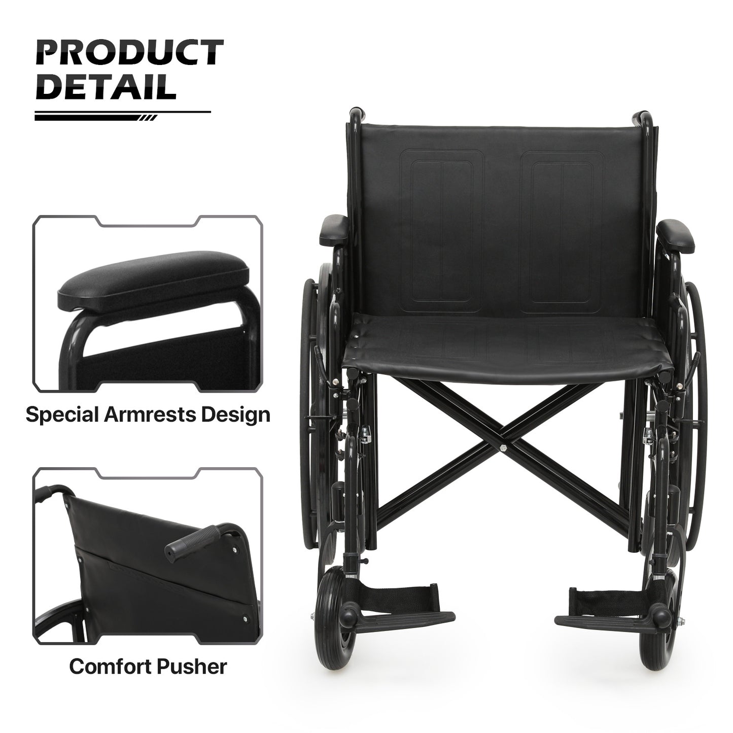 Manual Wheelchair - Extra Width 24"x17.5" Seat - Black, FDA Approved