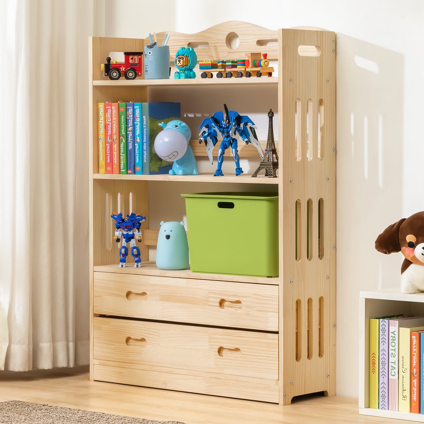 Wooden Display Storage Organizer - 4 Tier - with Drawer - Natural