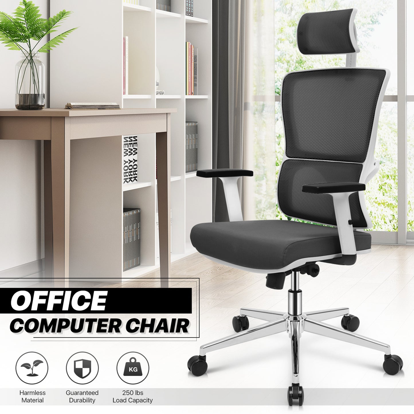 MoNiBloom Ergonomic Office Task Chair, Adjustable High Back Swivel Computer  Desk Chair with Backrest & Armrest for Office, Grey