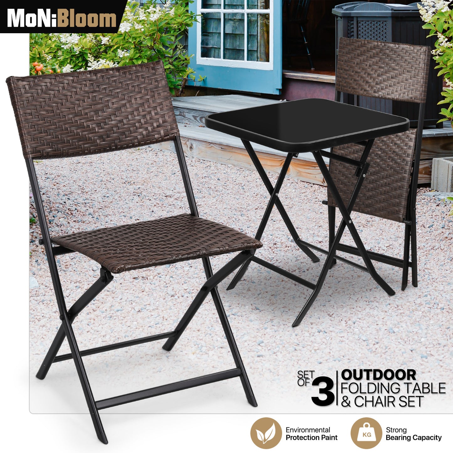 Patio Bistro Set, Tempered Glass Table & 2 Rattan Wicker Chairs