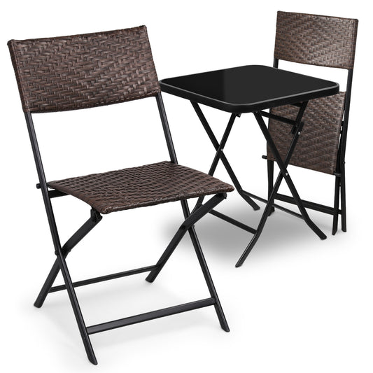 Patio Bistro Set, Tempered Glass Table & 2 Rattan Wicker Chairs