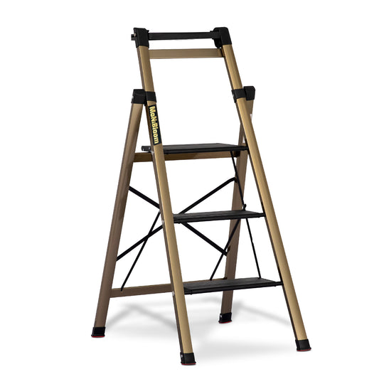 Folding Step Ladder w/Tool Tray - 3 Steps 3.71 ft/44.5", Black/Gold