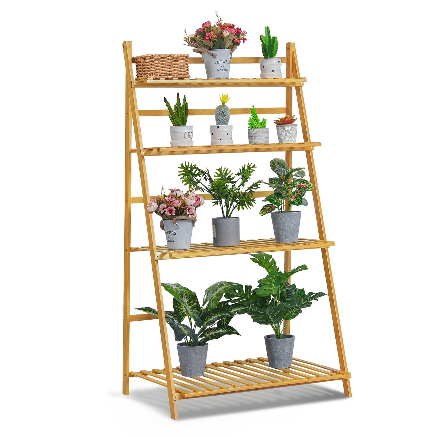 Foldable Flower Plant Rack - A Frame Stand Shelf - 4 Tier - Natural