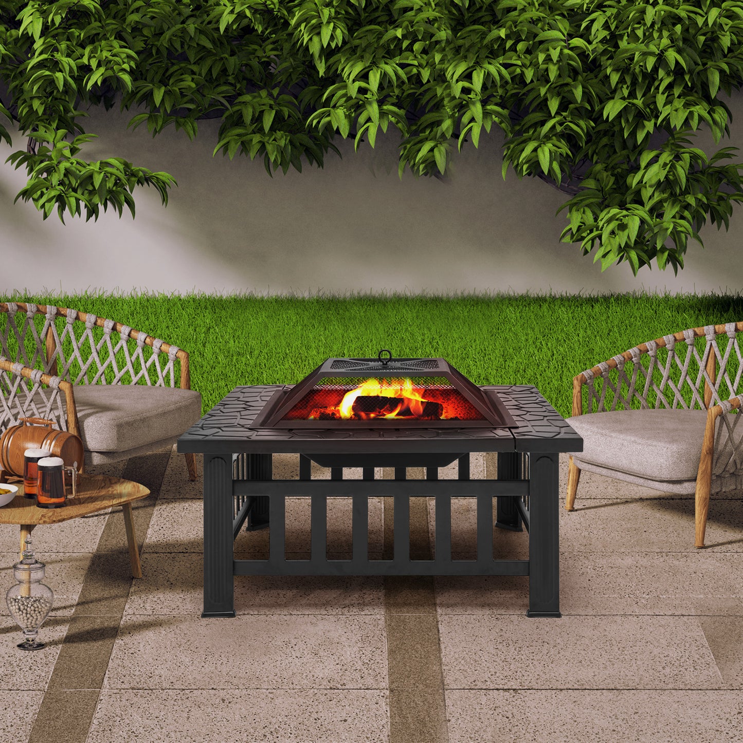 32" Square Fire Pit Table w/Log Grate+Poker & Spark Screen