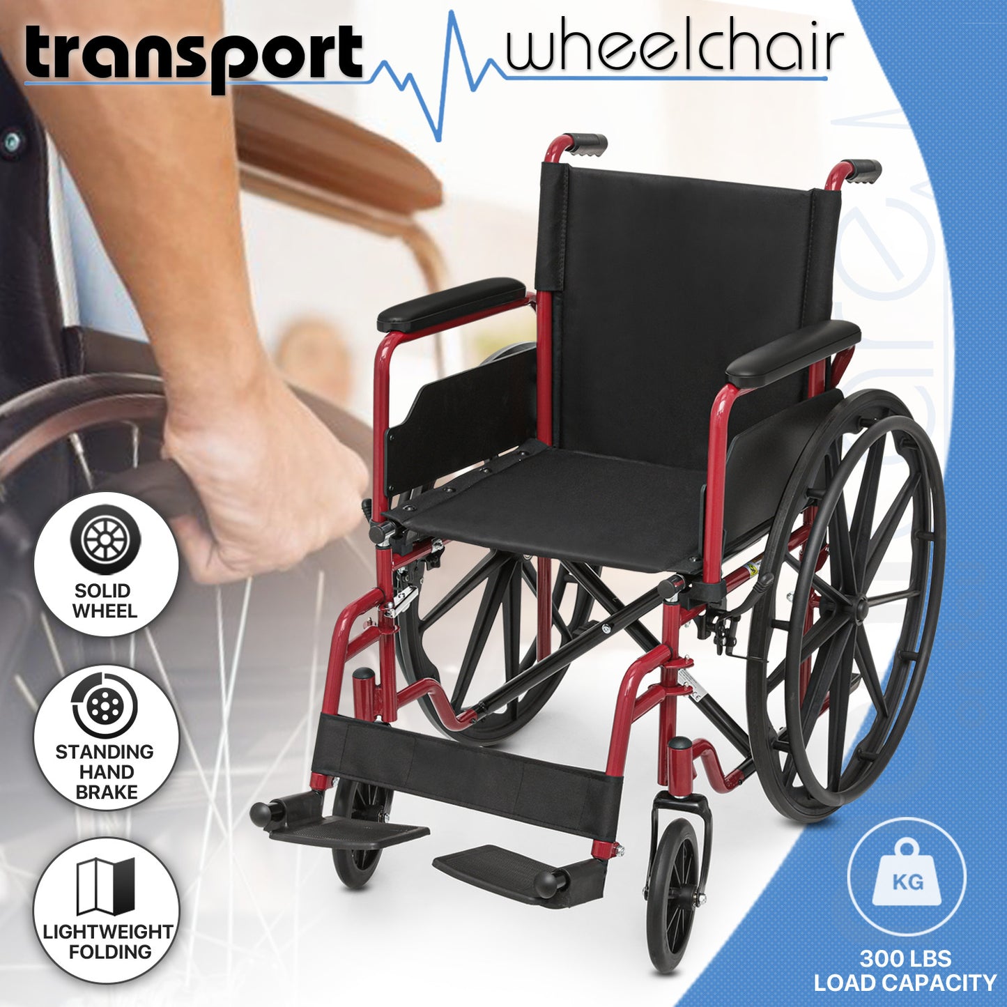 Manual Wheelchair -  Red, FDA Approved - 18"x16" Seat