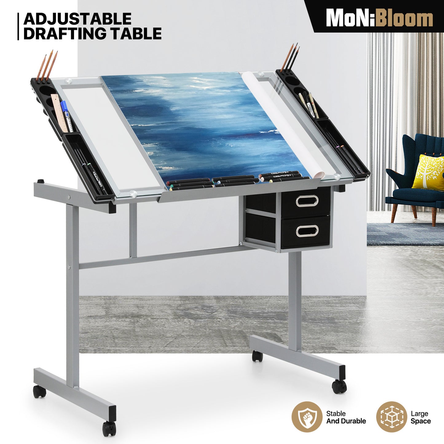 Drafting Table - 41" Crystal desktop with grey frame, 2 black drawers, rolling casters