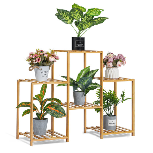 Flower Plant Stand Display Shelf - 6 Potted Plant Holder - Natural