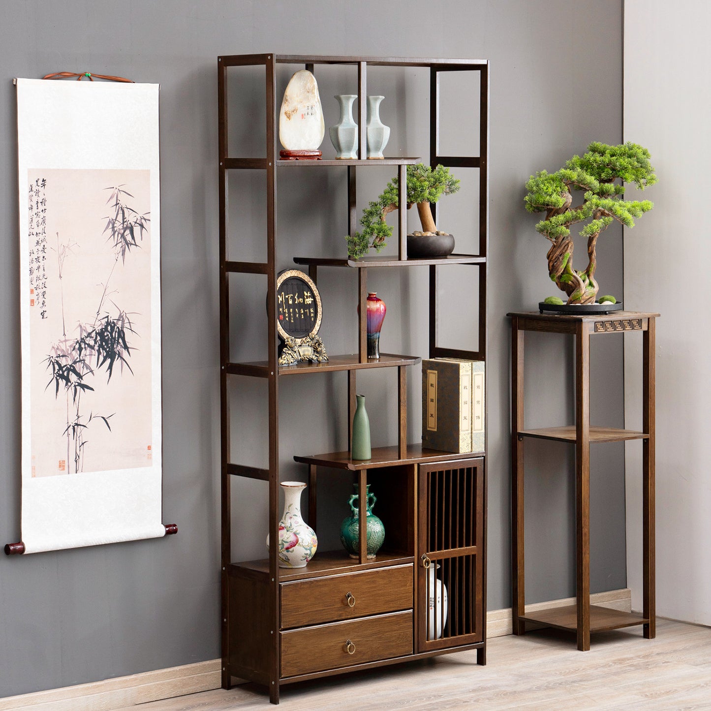 Chinese Etagere Fence Door Bottom Space Bookcase w/Dual Drawers - Brown