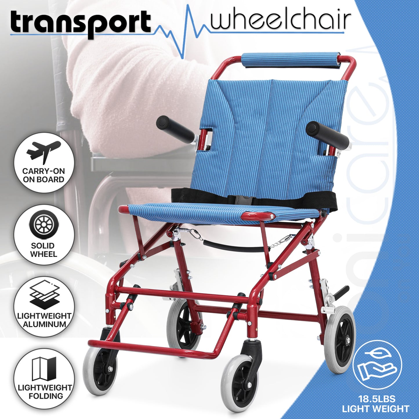 Transport Wheelchair - Red - Can Be Carry-on Plane