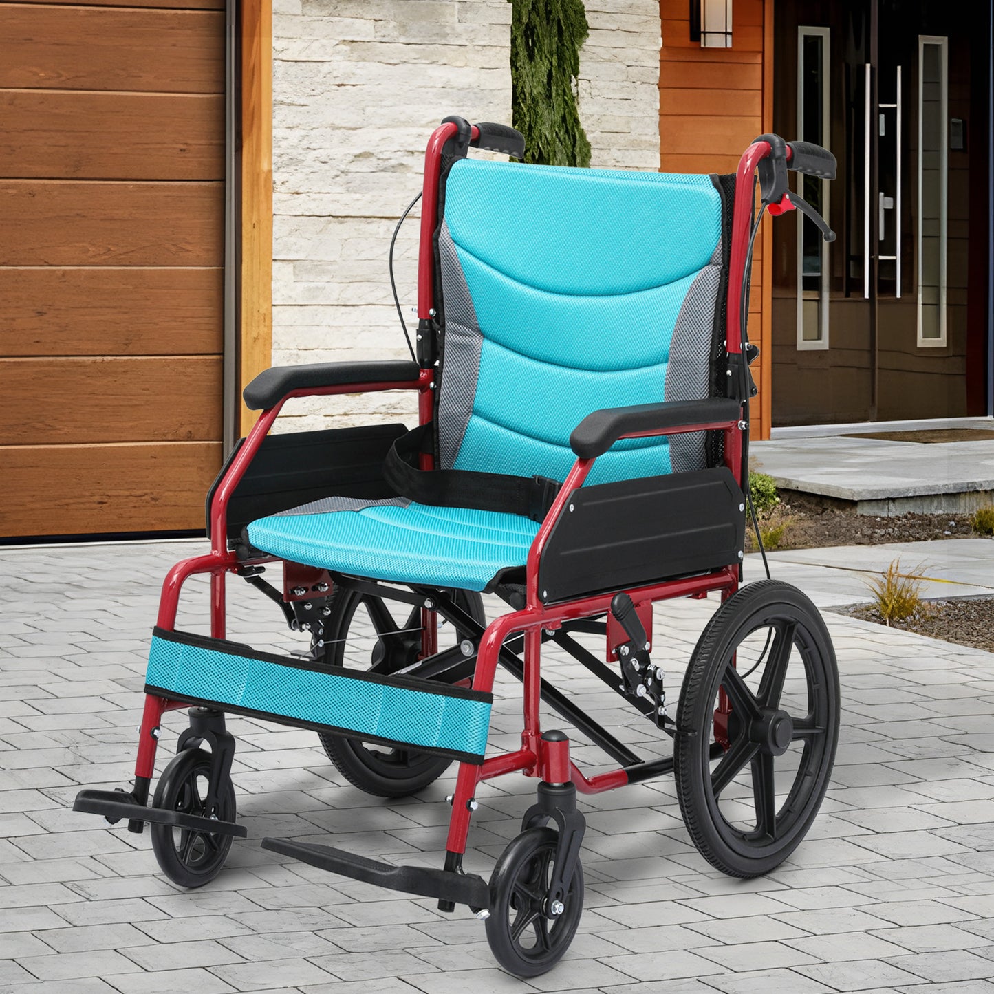 Transport Wheelchair - with Handbrake, Cushion - Red