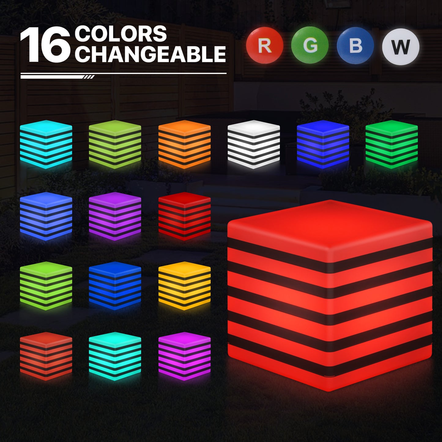 LED - Stool - 16''Cube with Striped - 16 Colors Remote Control
