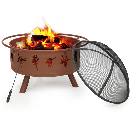 32" Leaf Pattern Round Fire Pit w/Poker & Spark Screen