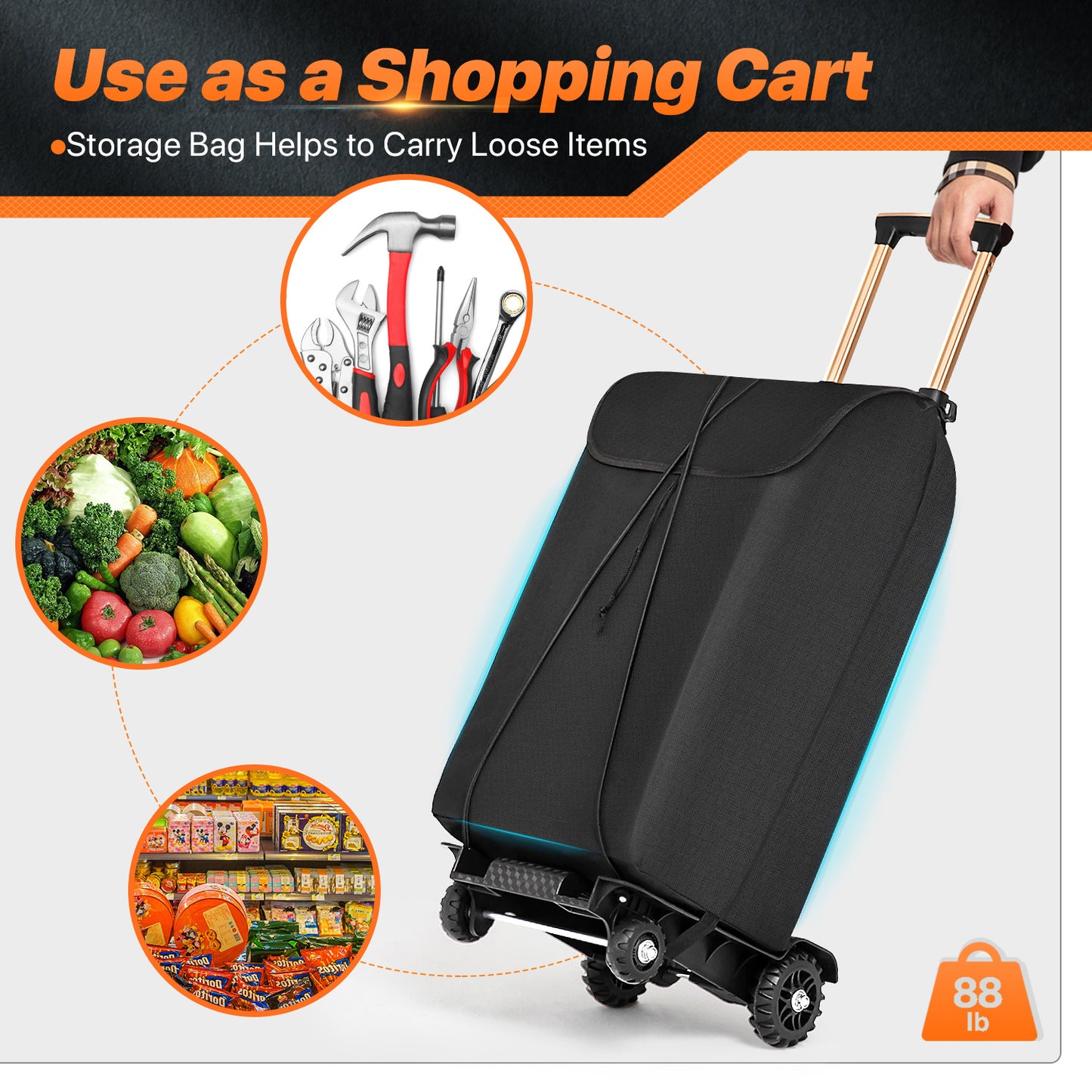 Folding Trolley w/Detachable Bag & Belt - Rigid Front Wheel