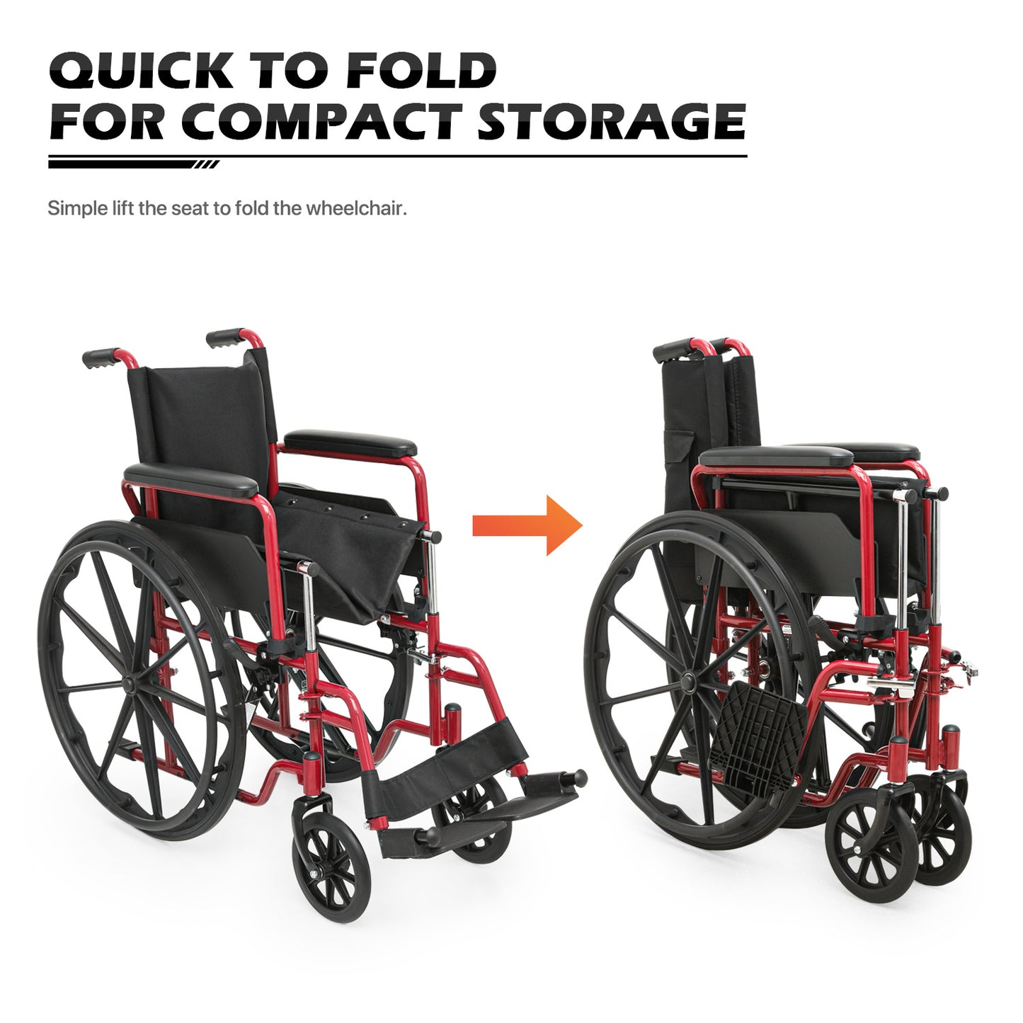 Manual Wheelchair -  Red, FDA Approved - 18"x16" Seat