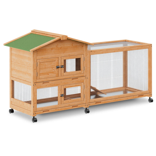 Wooden Chicken Coop Rabbit Hutch - House Shape - 63.5'' Length - w/6 Wheels