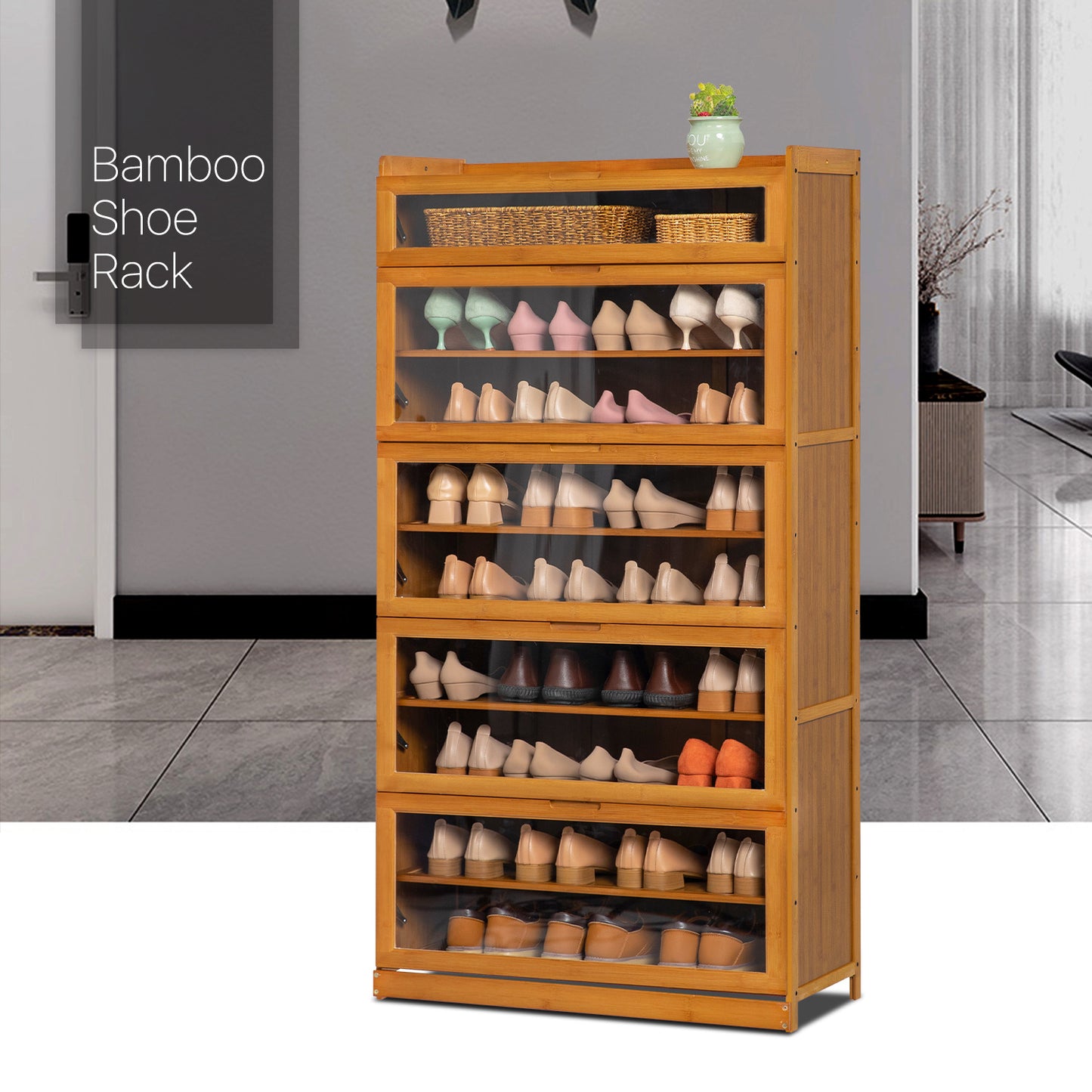 Visible Drop Down Door Shoe Organizer - Bamboo/Acrylic - Brown