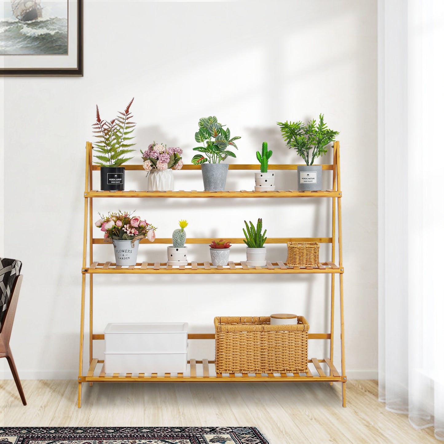 Foldable Flower Plant Rack - A Frame Stand Shelf - 3 Tier - Natural